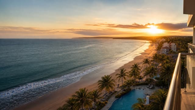 Vista panorámica del mar, la playa y la piscina desde un balcón en Atacames